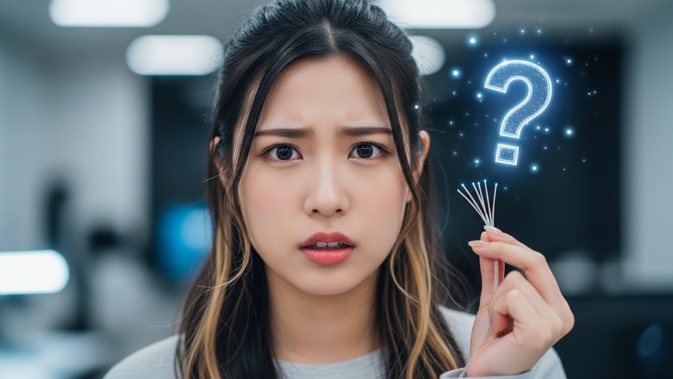 光回線ケーブルを持って疑問を持つ女性