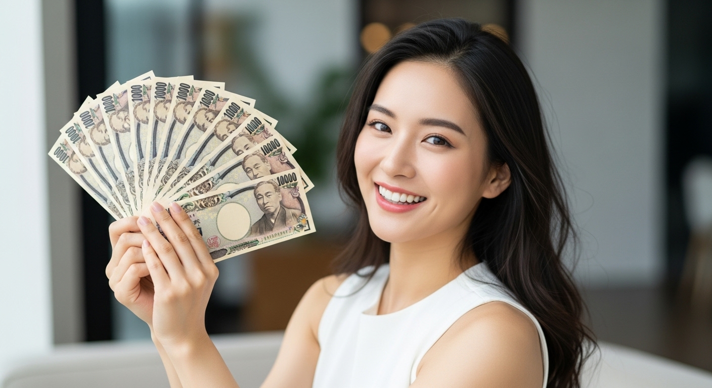 現金を持って微笑む女性